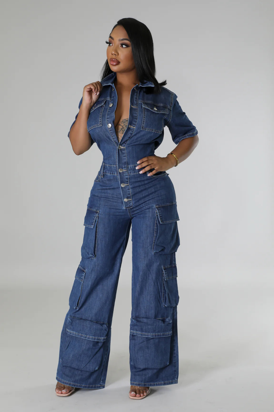Rizzo Cargo Denim Jumpsuit Medium Wash - Ali’s Couture