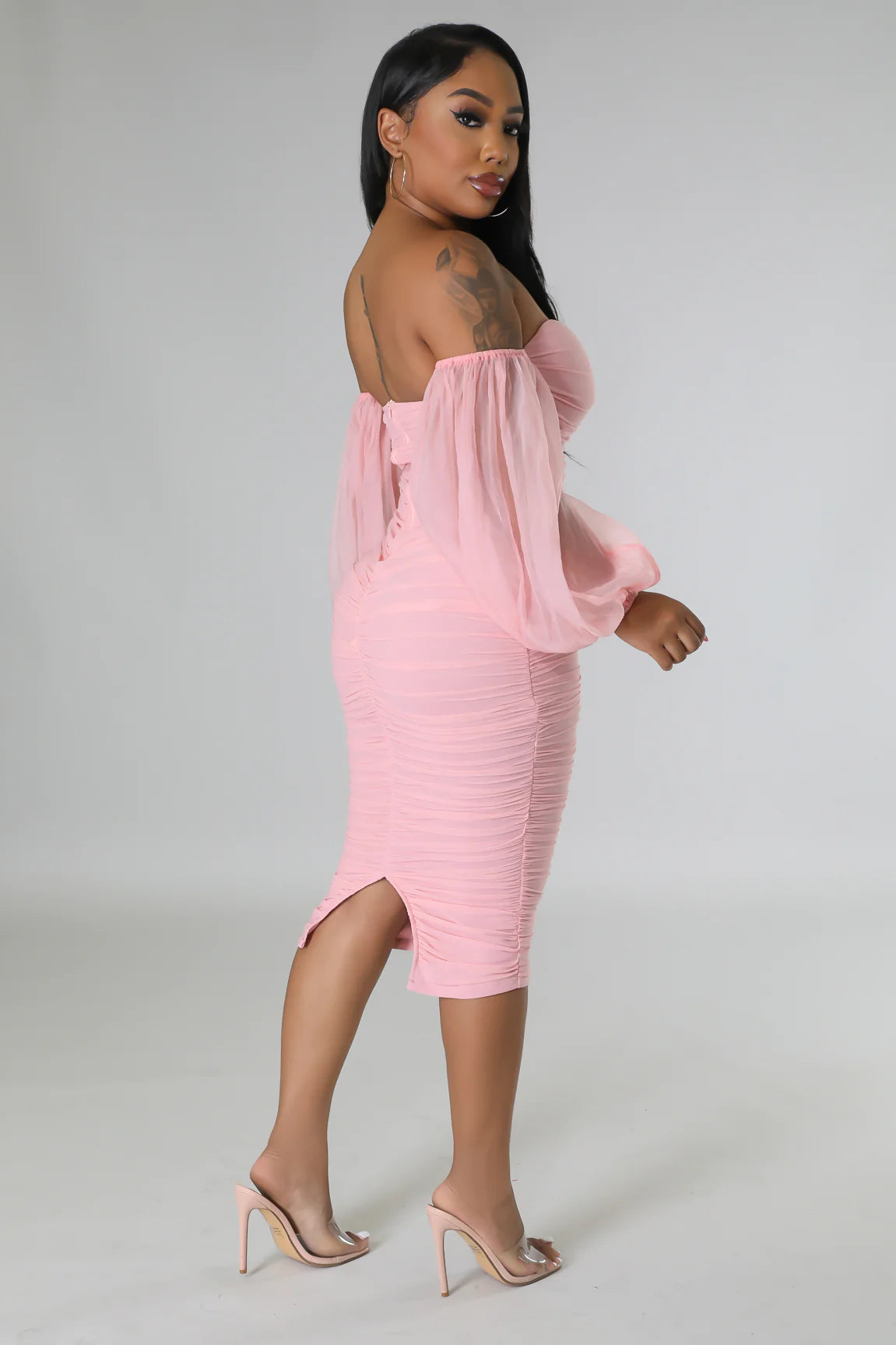 Neva Off The Shoulder Mesh Midi Dress Blush - Ali’s Couture