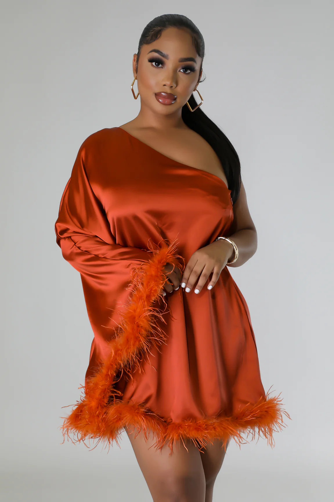 Alana Fur Trim Mini Dress Rust - Ali’s Couture