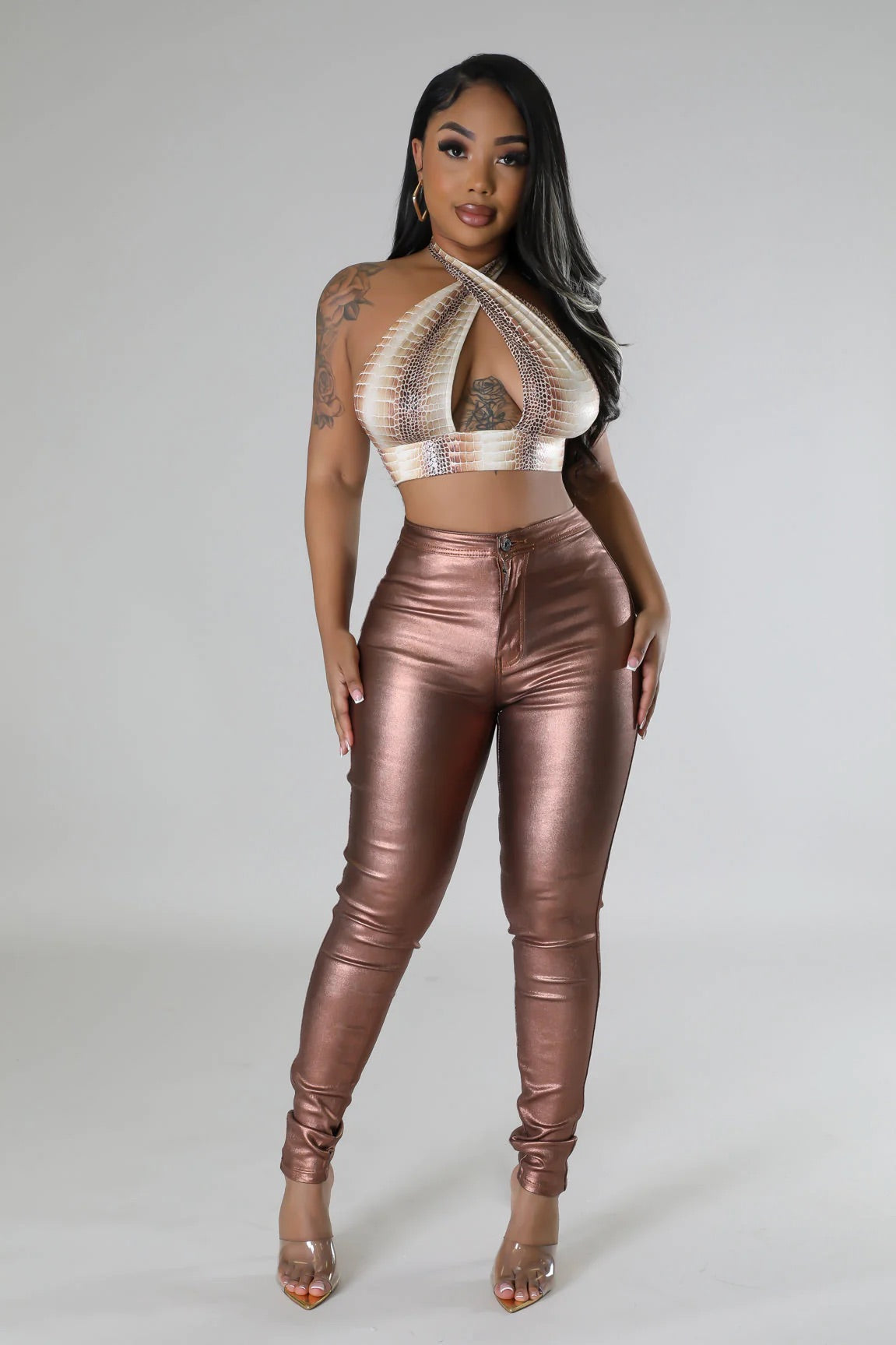 Glitzy Metallic Faux Leather Pants Bronze - Ali’s Couture