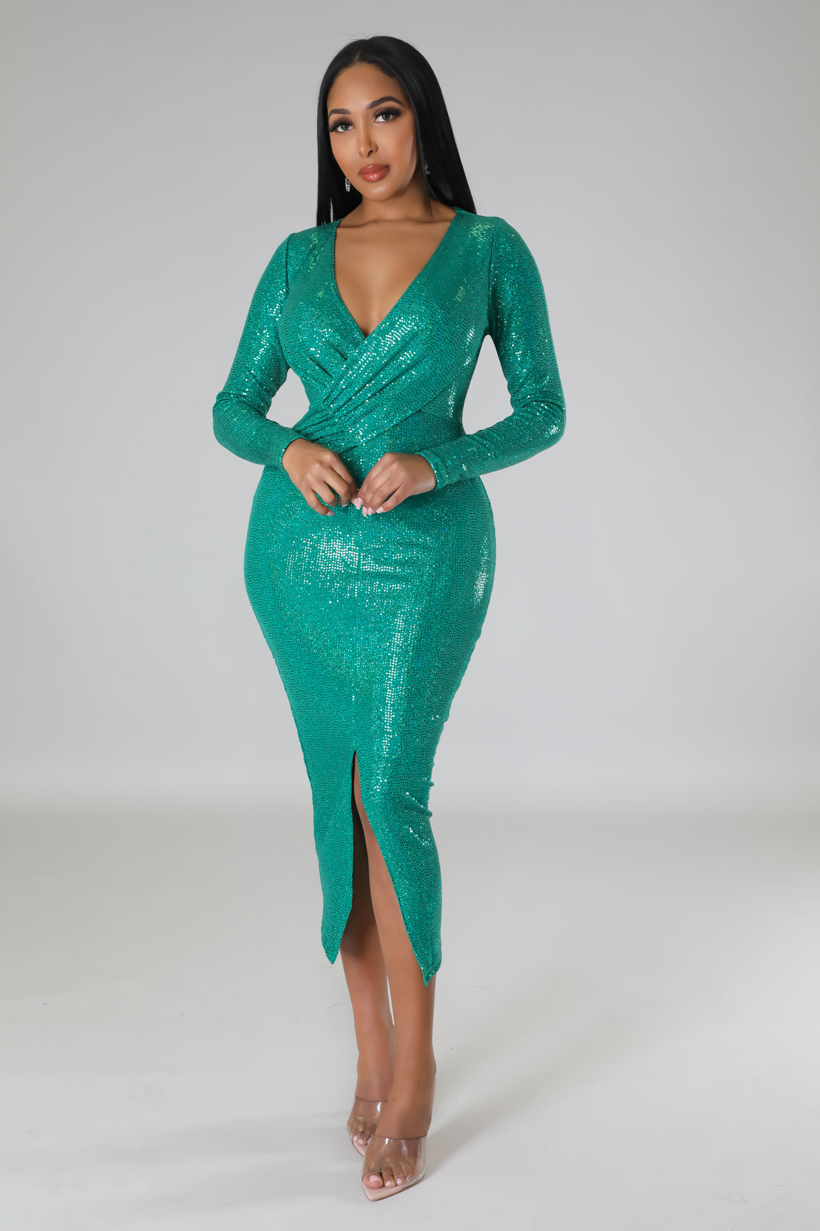 Shimmer and Shine Long Sleeve Midi Dress Green - Ali’s Couture