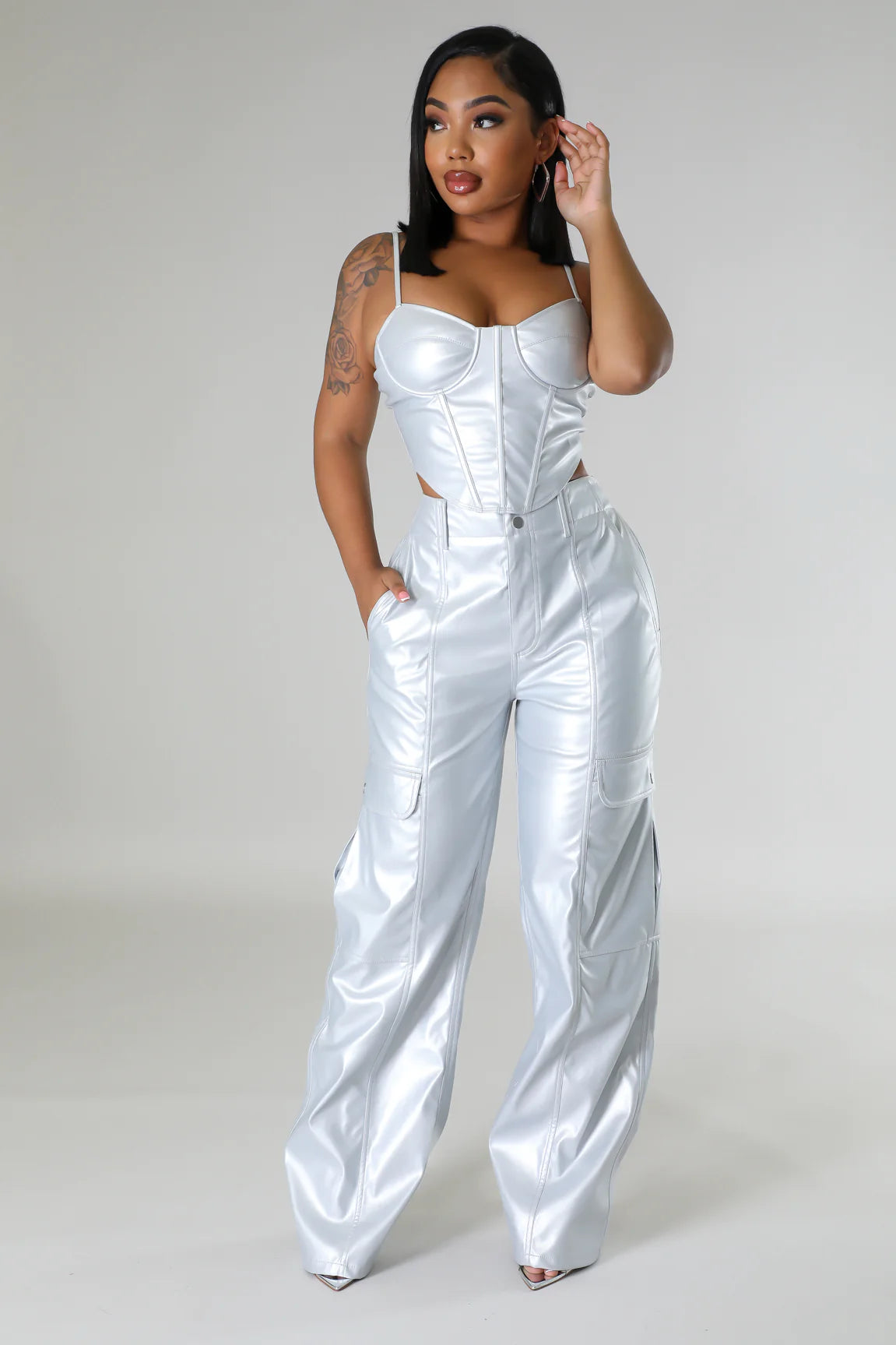 Diva Faux Leather Pant Set Silver - Ali’s Couture