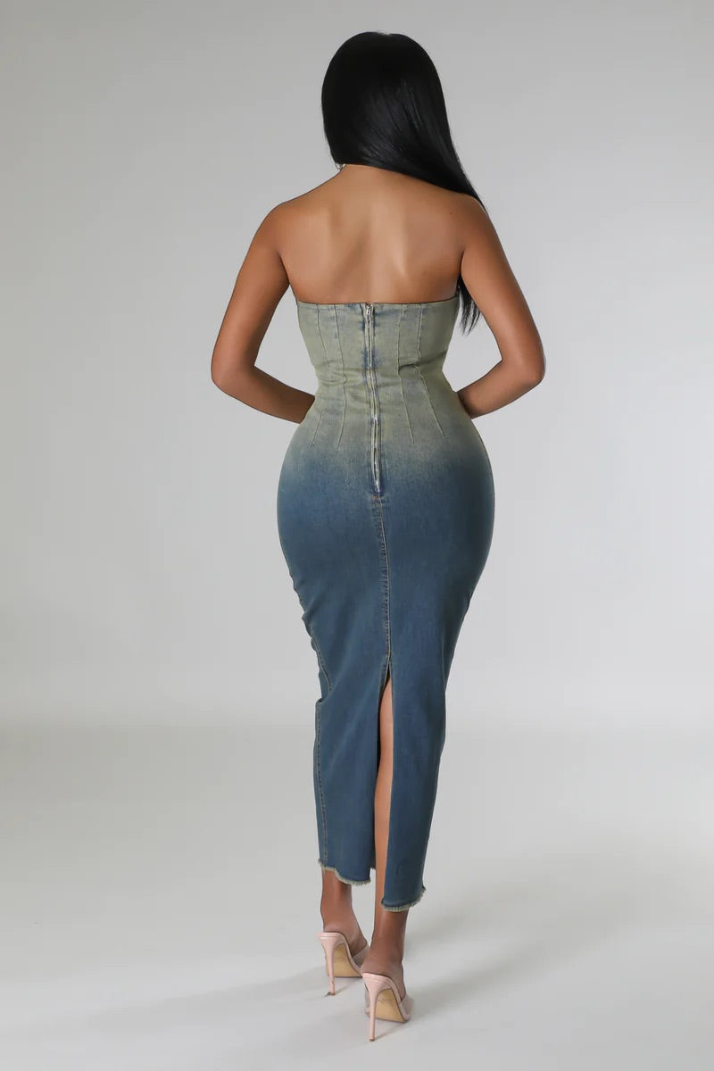 Burke Strapless Ombre Denim Midi Dress Medium Wash - Ali’s Couture