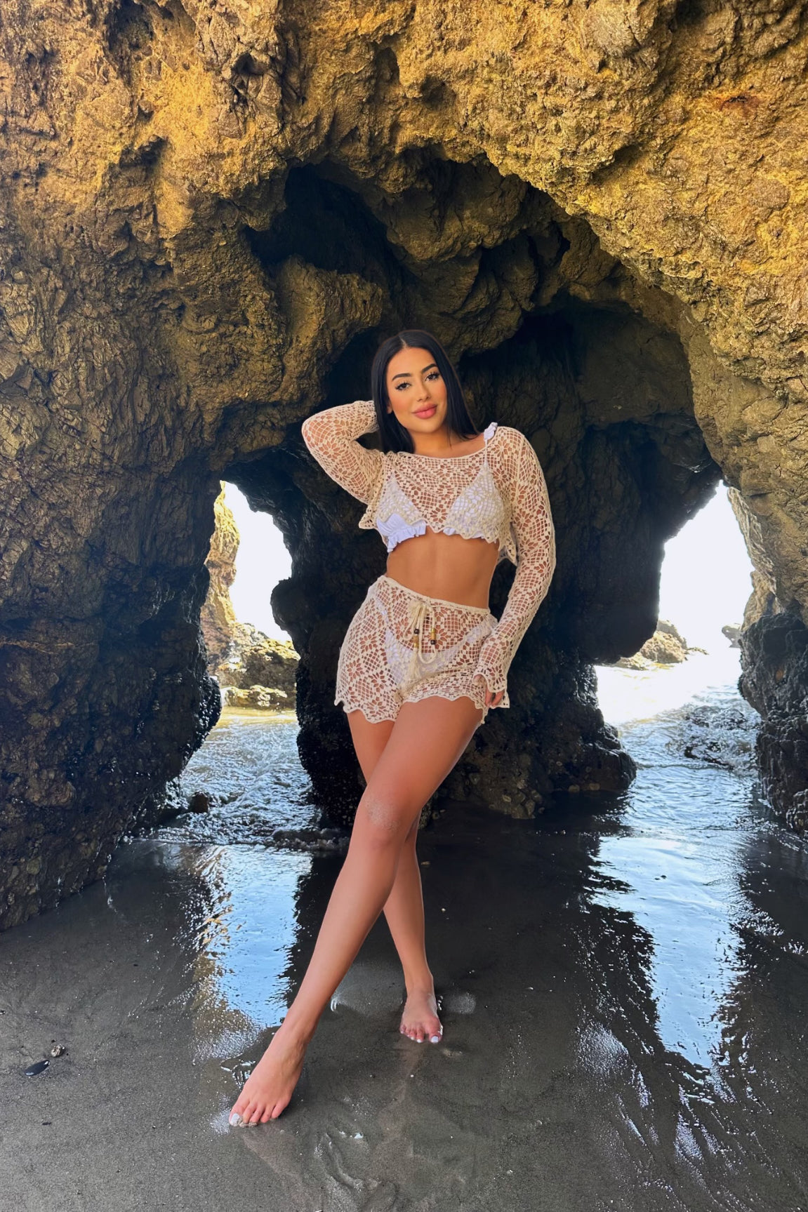 Getaway Crochet Cover Up Short Set Ivory - Ali’s Couture