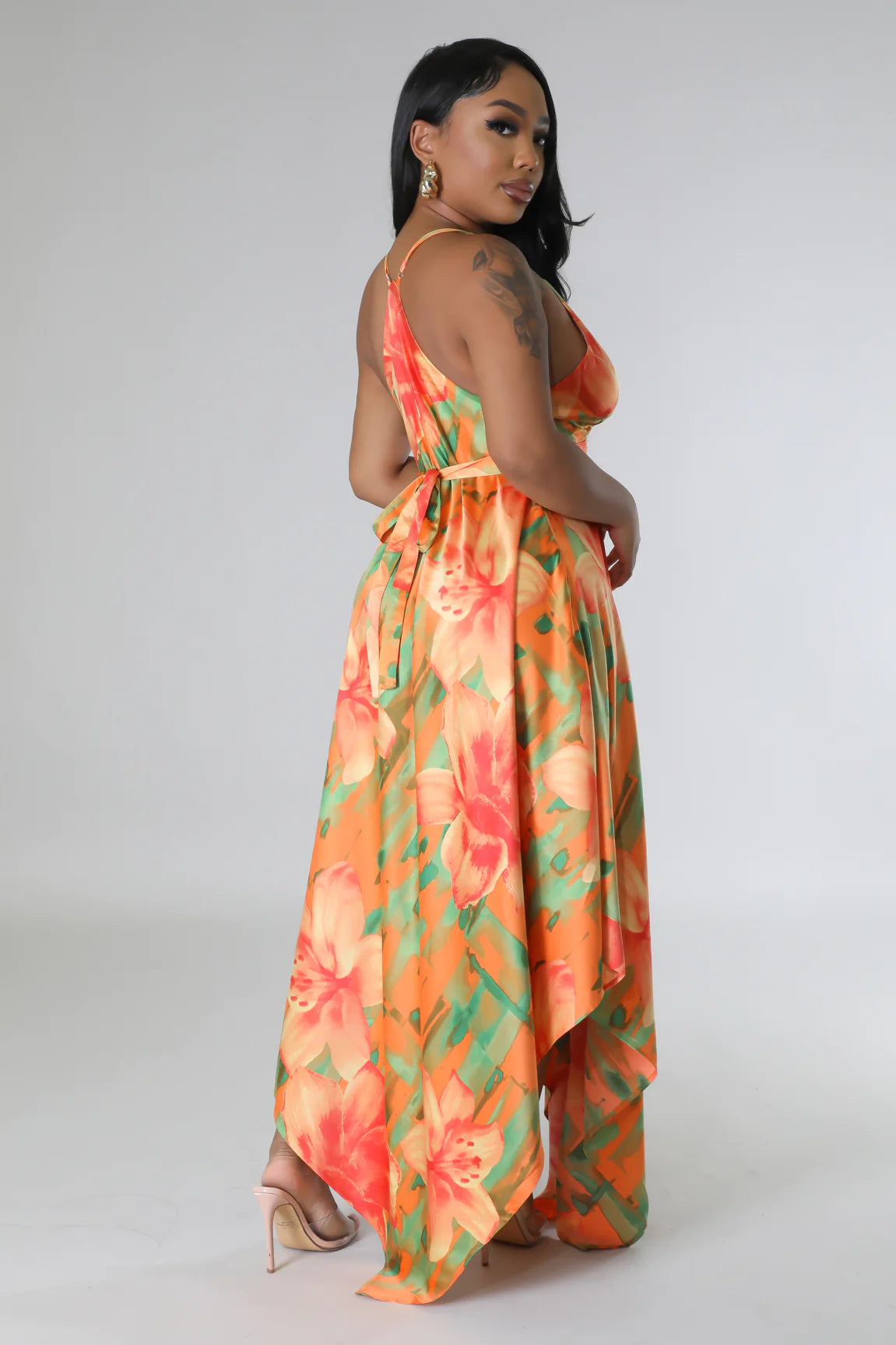 By The Sea Floral Satin Midi Dress Multi Orange - Ali’s Couture