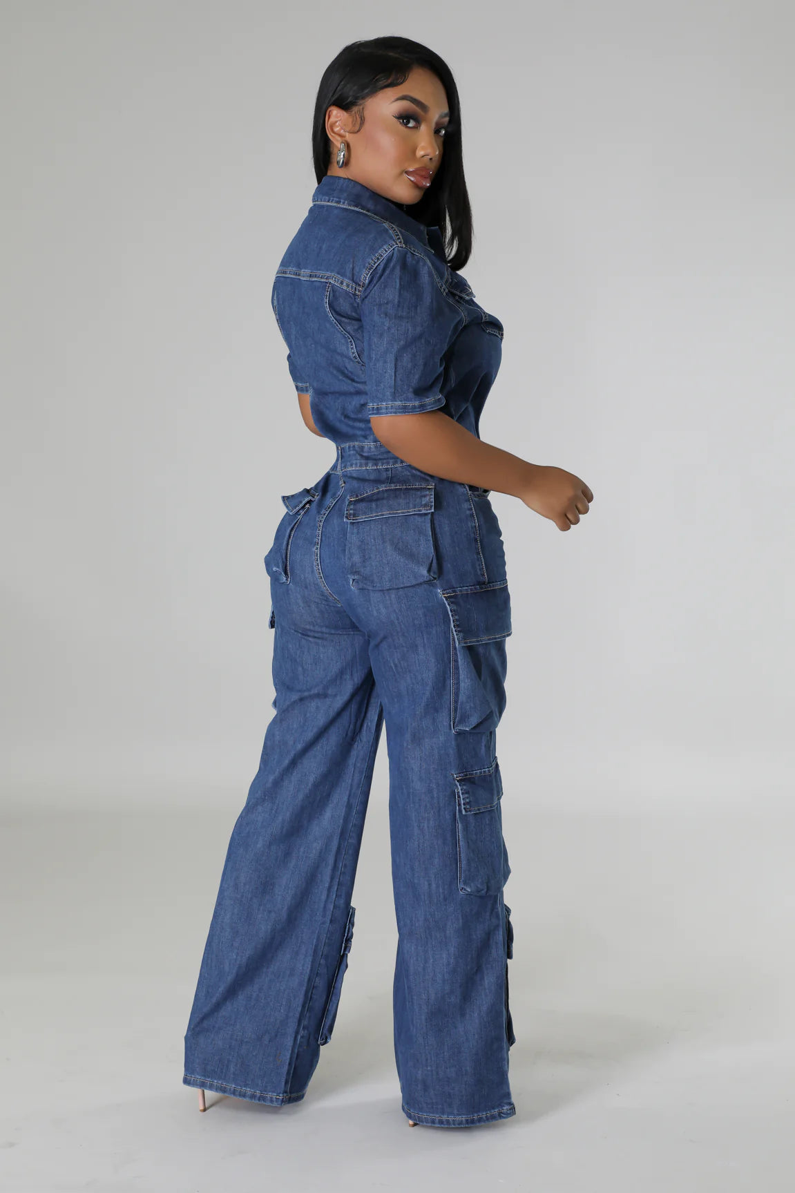 Rizzo Cargo Denim Jumpsuit Medium Wash - Ali’s Couture
