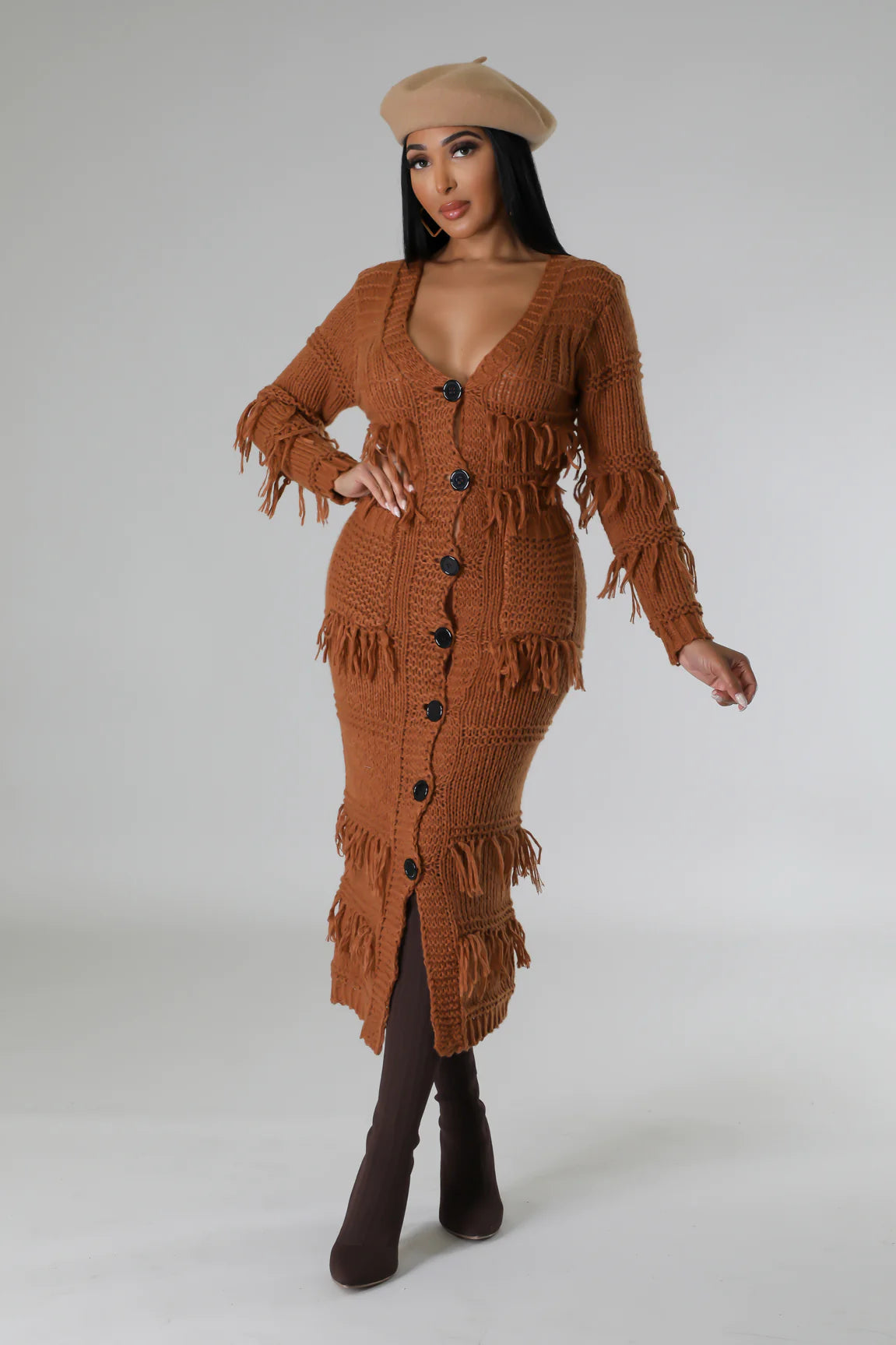 Womack Fringe Midi Dress Rust - Ali’s Couture