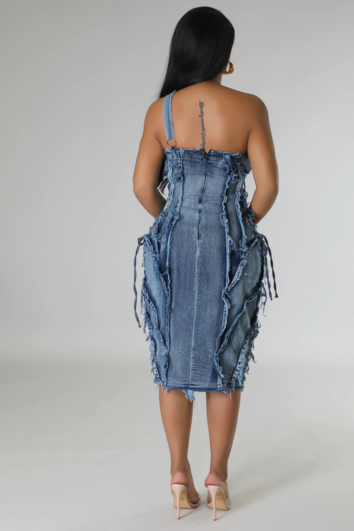 Ruff Edges Denim Midi Dress Medium Wash - Ali’s Couture