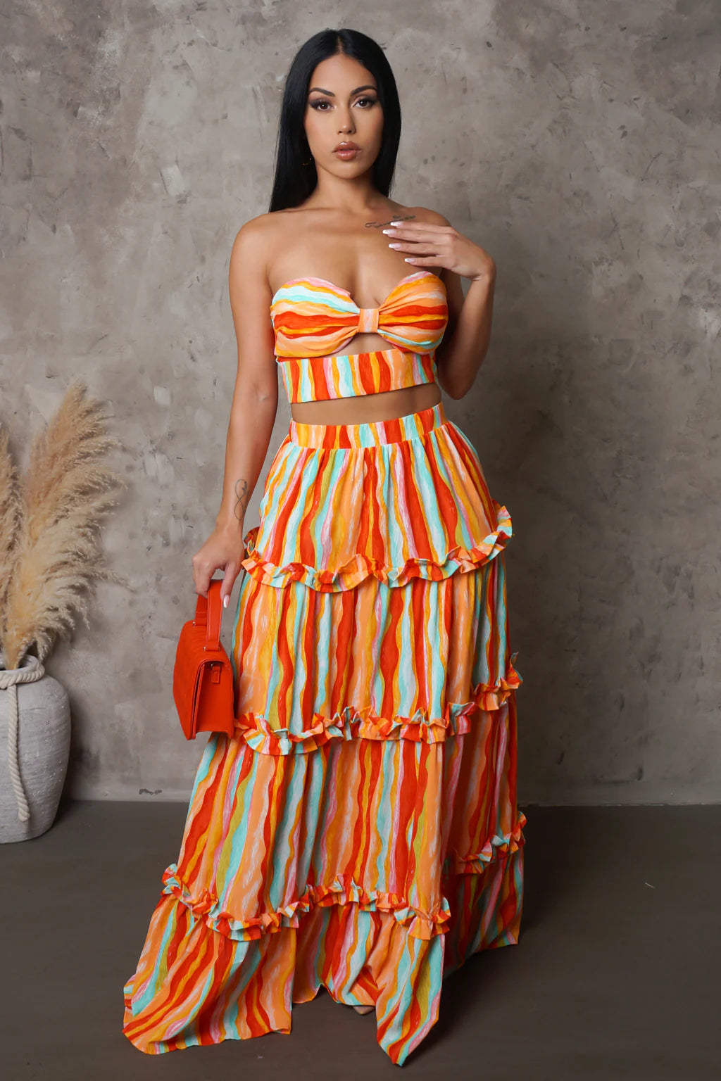 Capriccio Strapless Skirt Set Multi Orange - Ali’s Couture