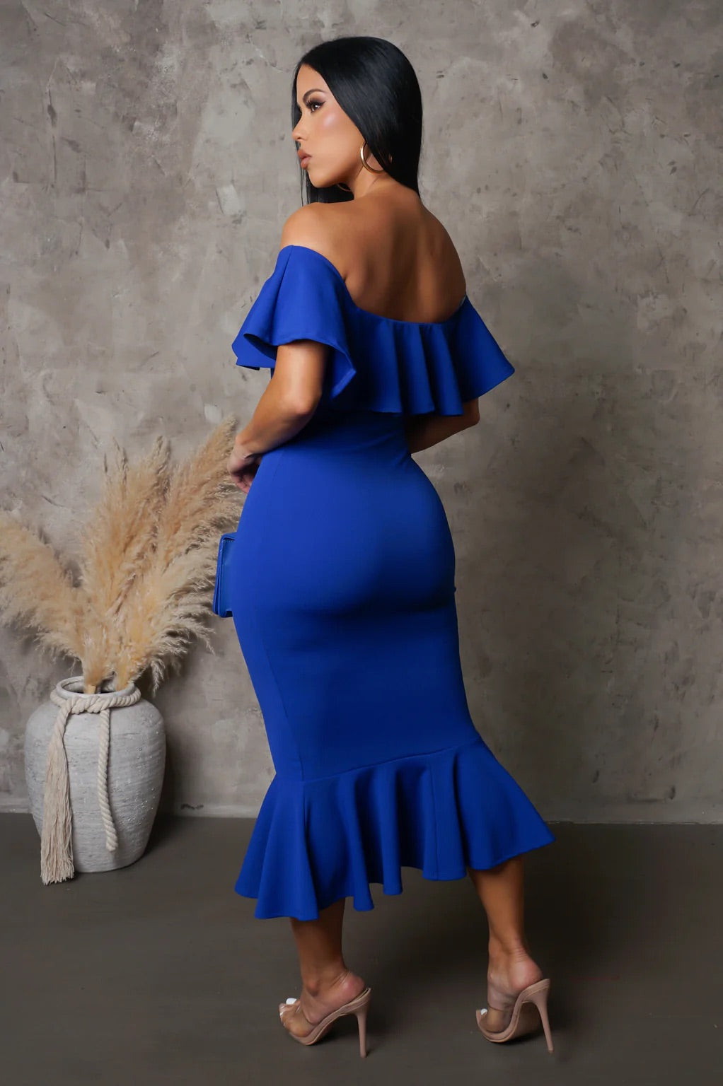 Classical Love Off The Shoulder Midi Dress Blue - Ali’s Couture