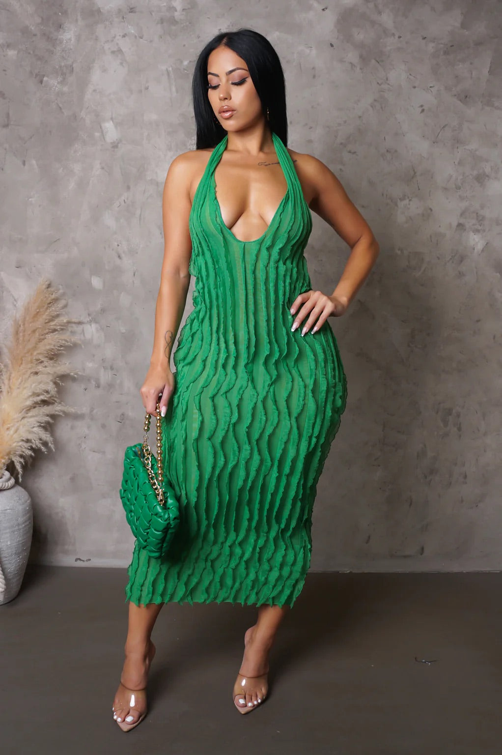 Truffle Ruffle Midi Dress Green - Ali’s Couture