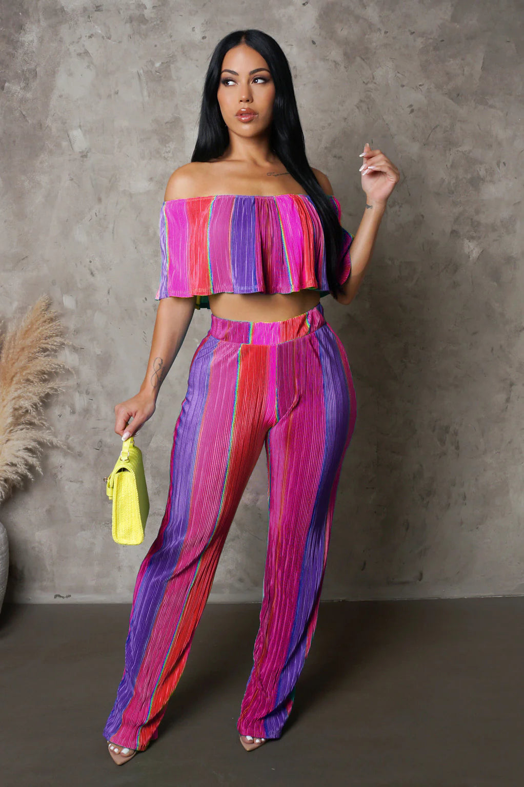 Quiana Off The Shoulder Plisse Pant Set Multi Purple - Ali’s Couture