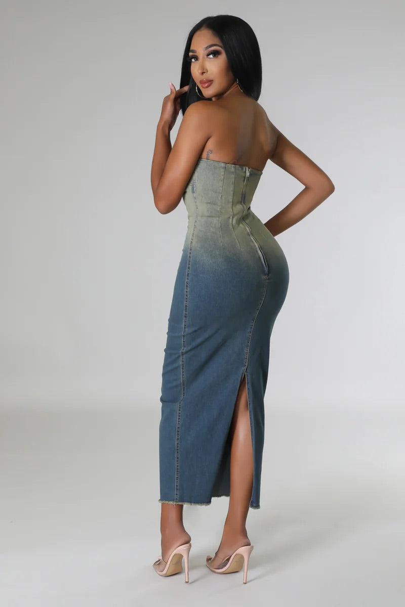 Burke Strapless Ombre Denim Midi Dress Medium Wash - Ali’s Couture