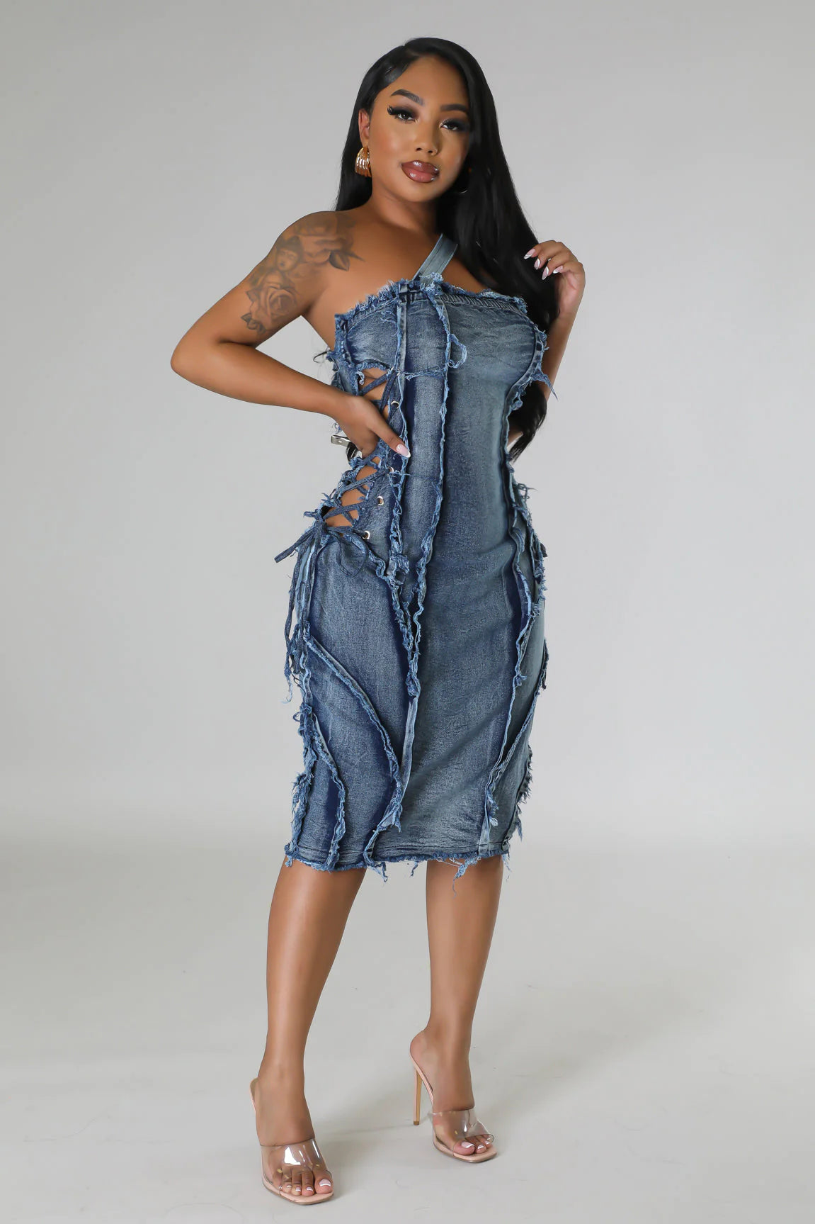 Ruff Edges Denim Midi Dress Medium Wash - Ali’s Couture