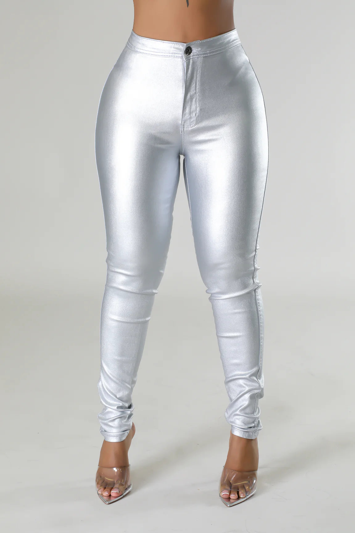Glitzy Metallic Faux Leather Pants Silver - Ali’s Couture
