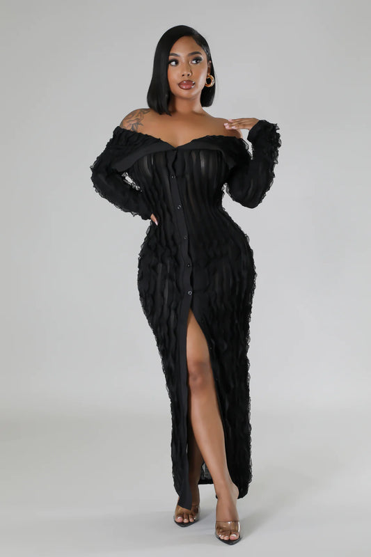 Kaia Sheer Ruffle Midi Dress Black - Ali’s Couture
