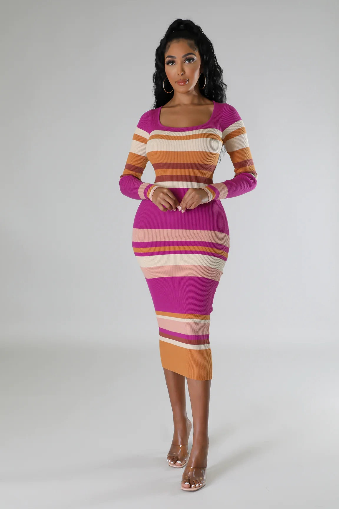 Fall In Line Striped Midi Dress Multi Magenta - Ali’s Couture