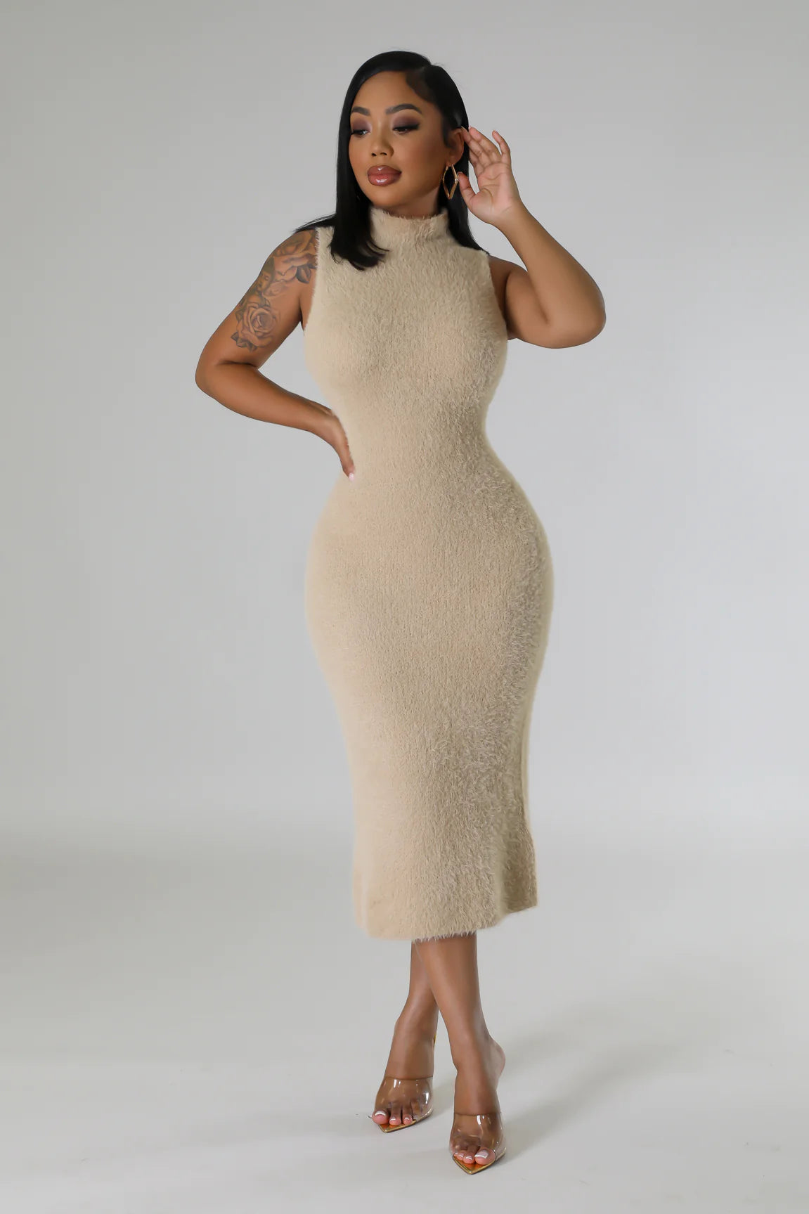 Fuzzy Moments Cardigan Midi Dress Set Taupe - Ali’s Couture