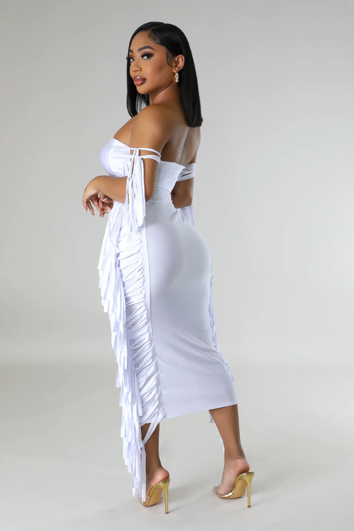 Zena Fringe Tube Midi Dress White - Ali’s Couture