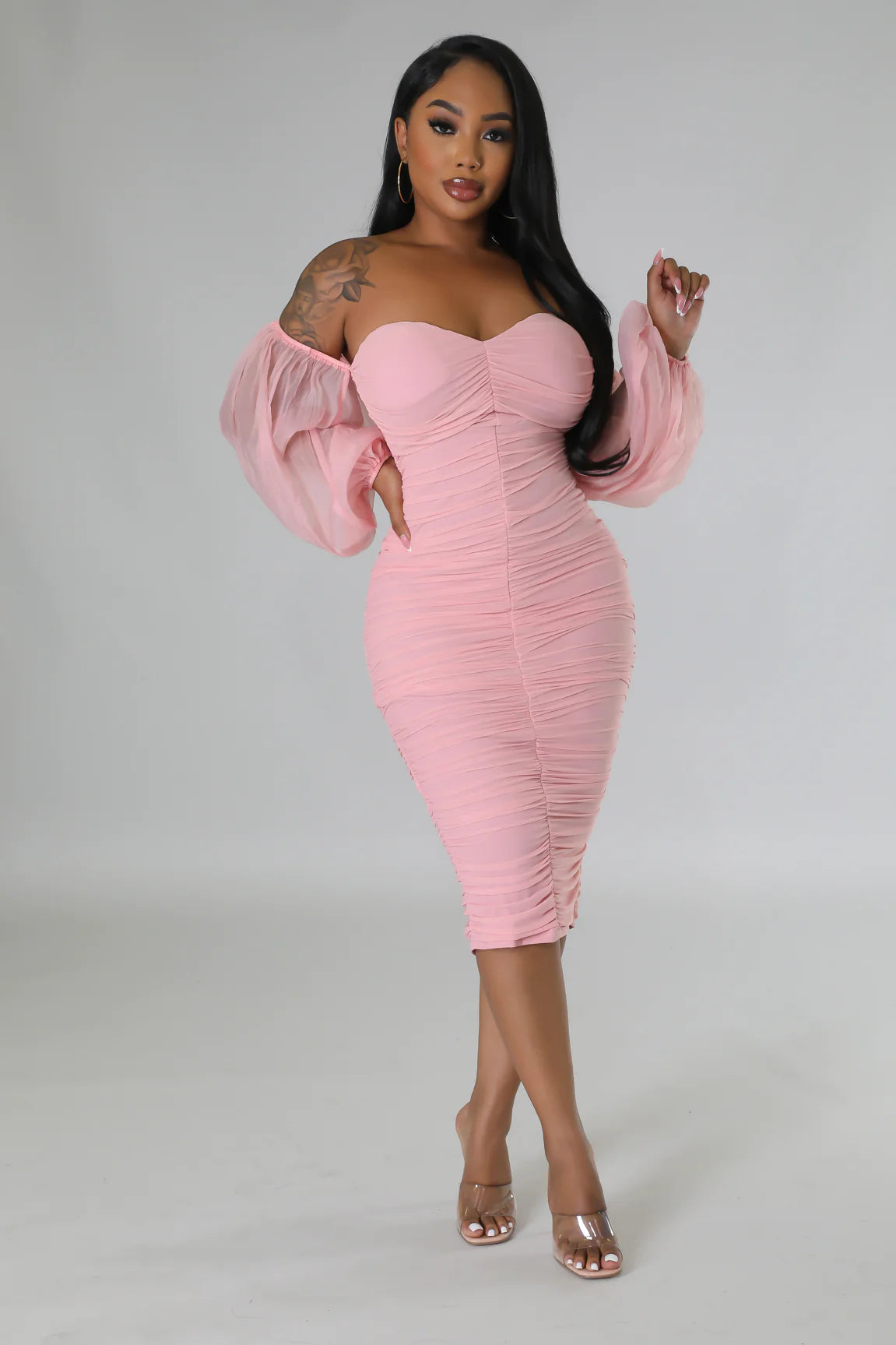 Neva Off The Shoulder Mesh Midi Dress Blush - Ali’s Couture