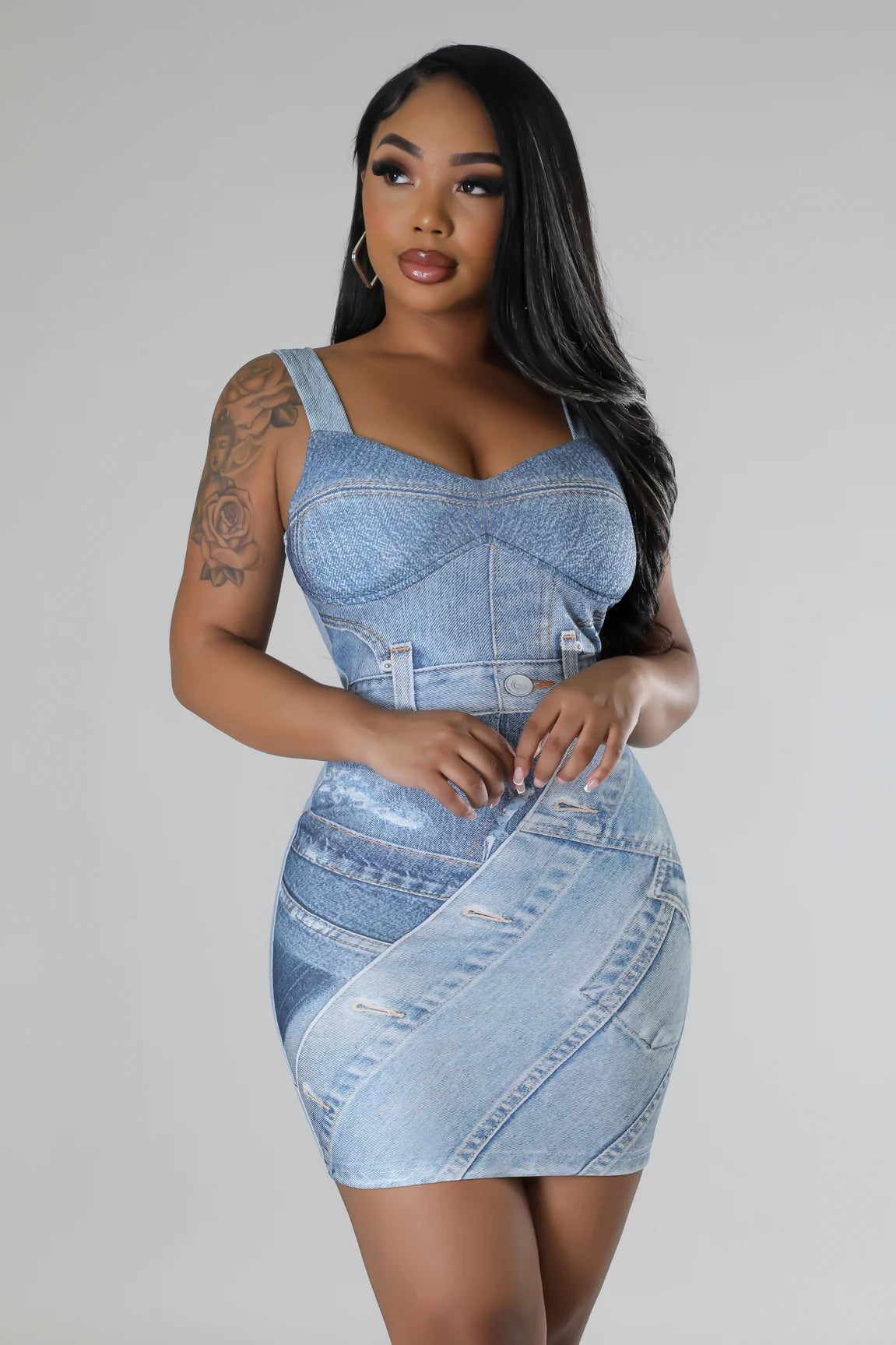 Junia Denim Print Mini Dress Light Blue - Ali’s Couture