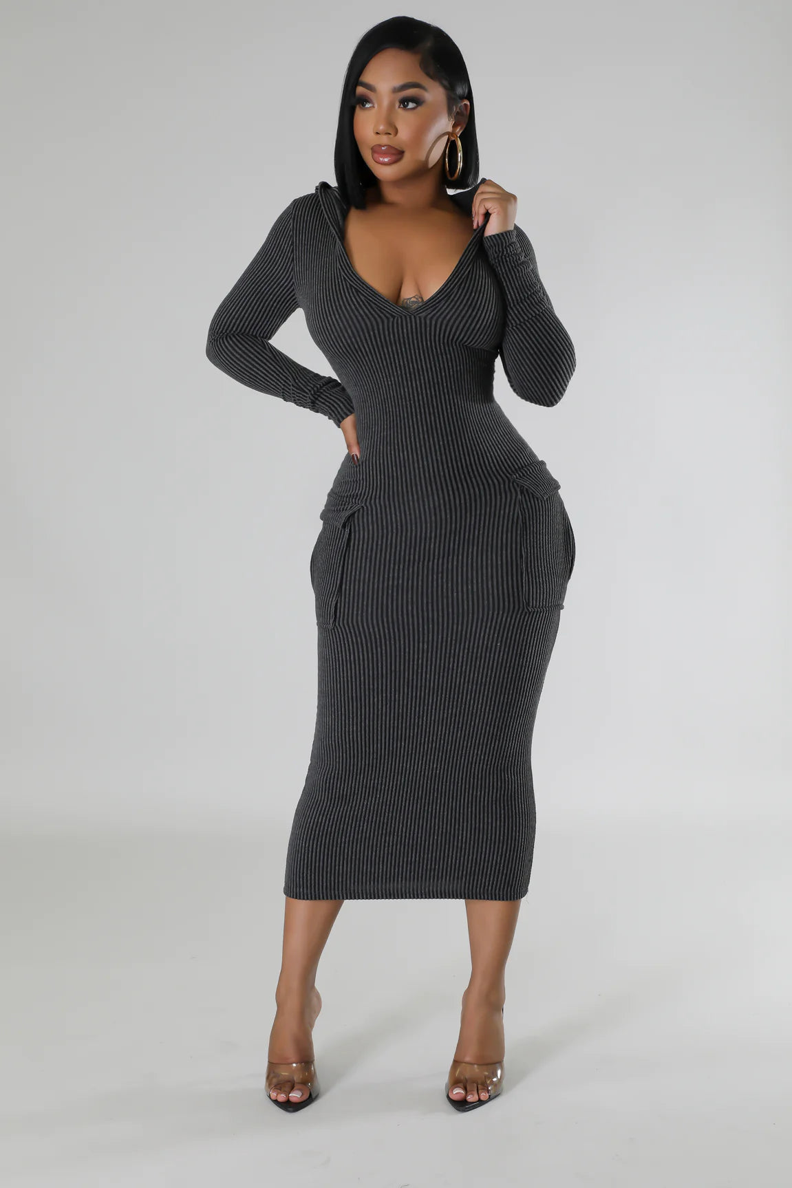 Casual Moment Ribbed Midi Dress Set Charcoal