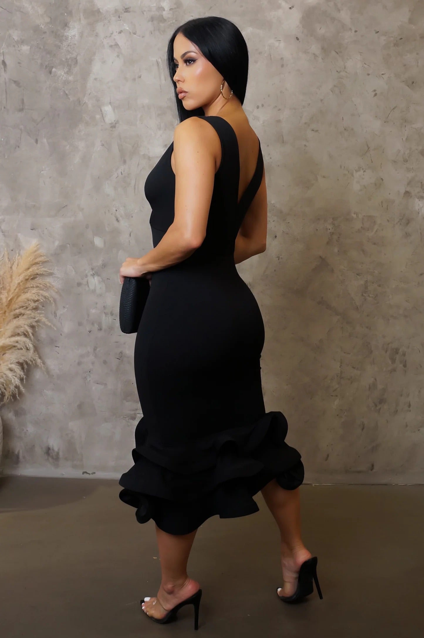 Yvanna Ruffle Hem Midi Dress Black - Ali’s Couture