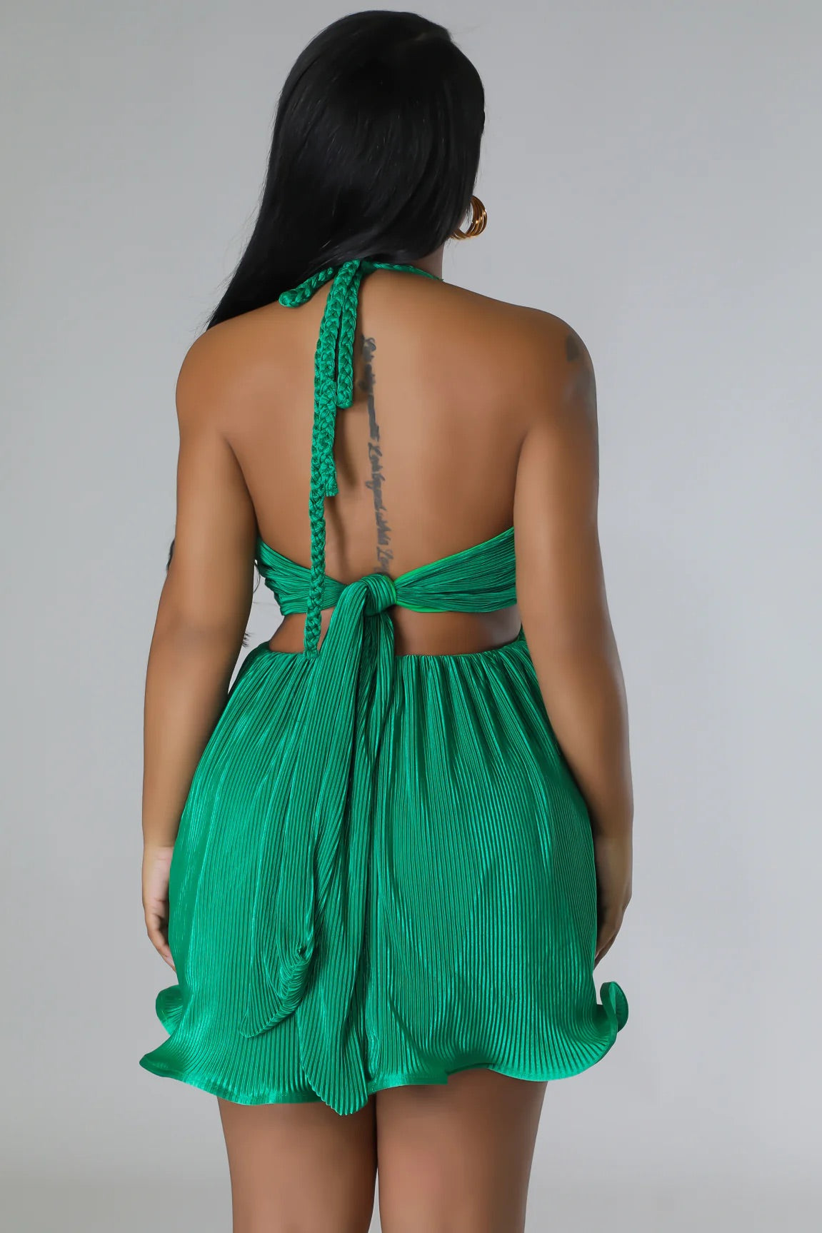 Jewel Plisse Cutout Babydoll Mini Dress Green - Ali’s Couture