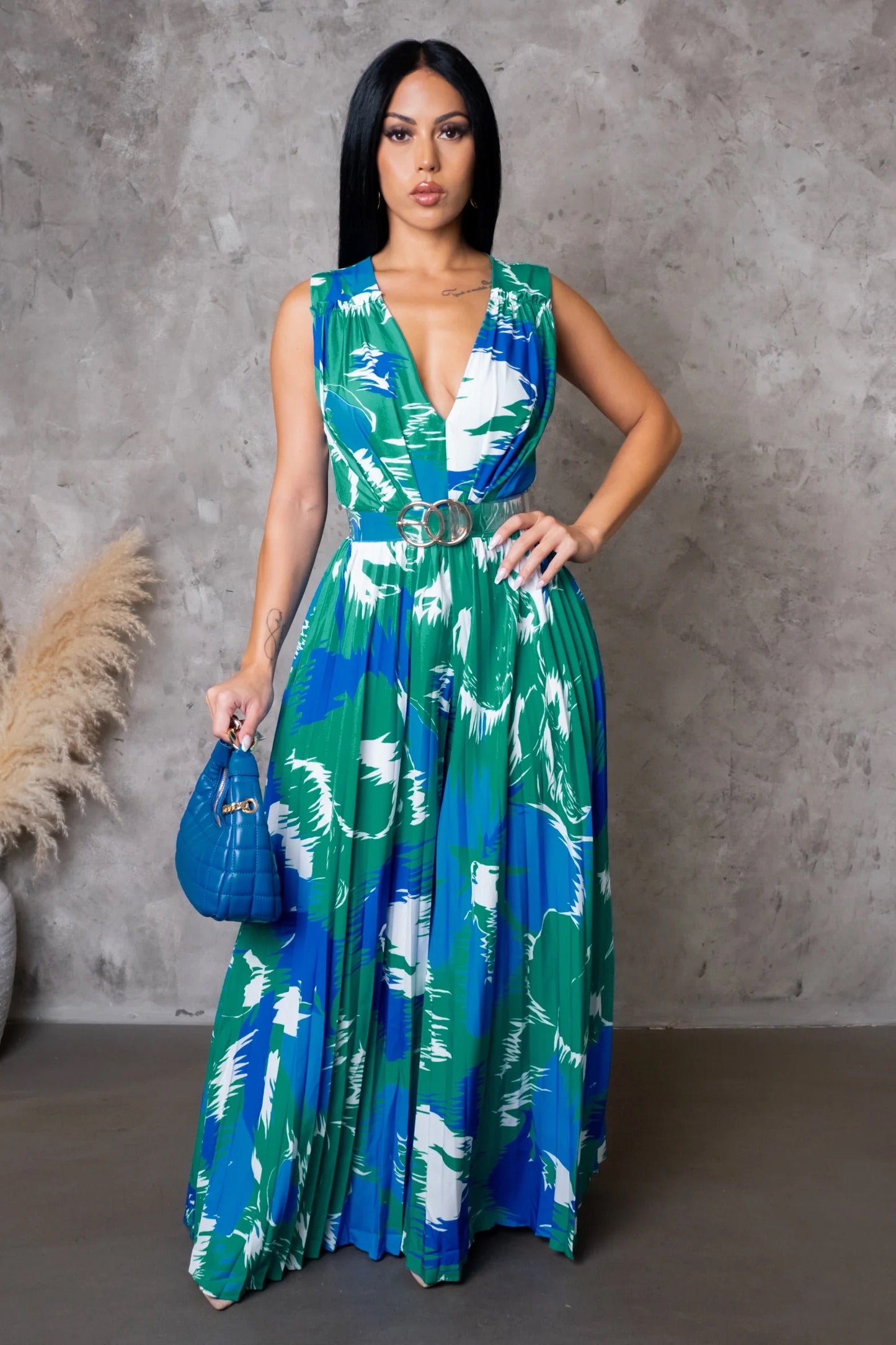 Layana Pleated Jumpsuit Blue - Ali’s Couture