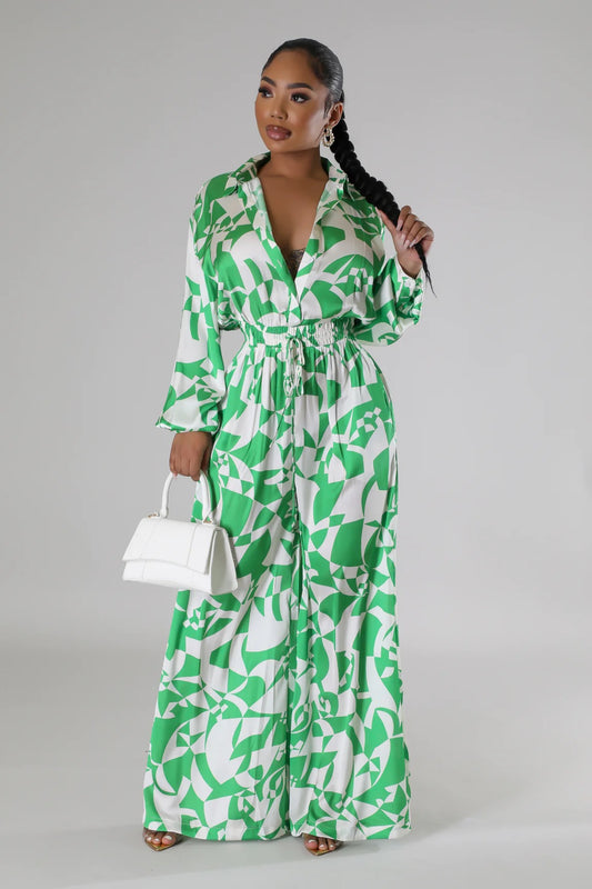 Island Impression Silky Printed Jumpsuit Green - Ali’s Couture