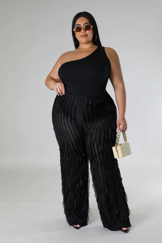 Ruffle Up High Waisted Pants Black (Curvy) - Ali’s Couture
