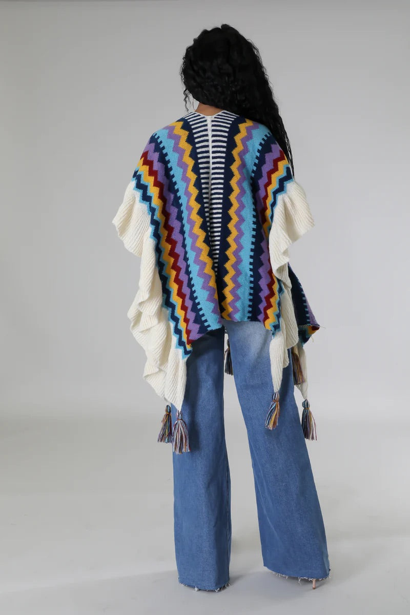 Varsha Knitted Poncho Multi Blue - Ali’s Couture