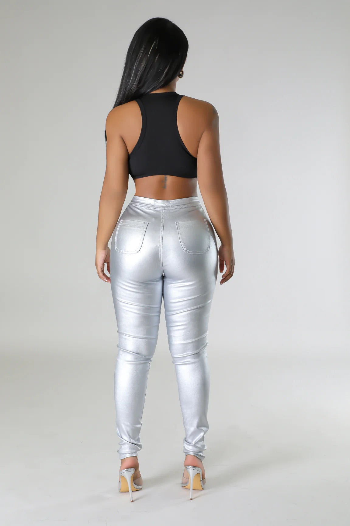 Glitzy Metallic Faux Leather Pants Silver - Ali’s Couture