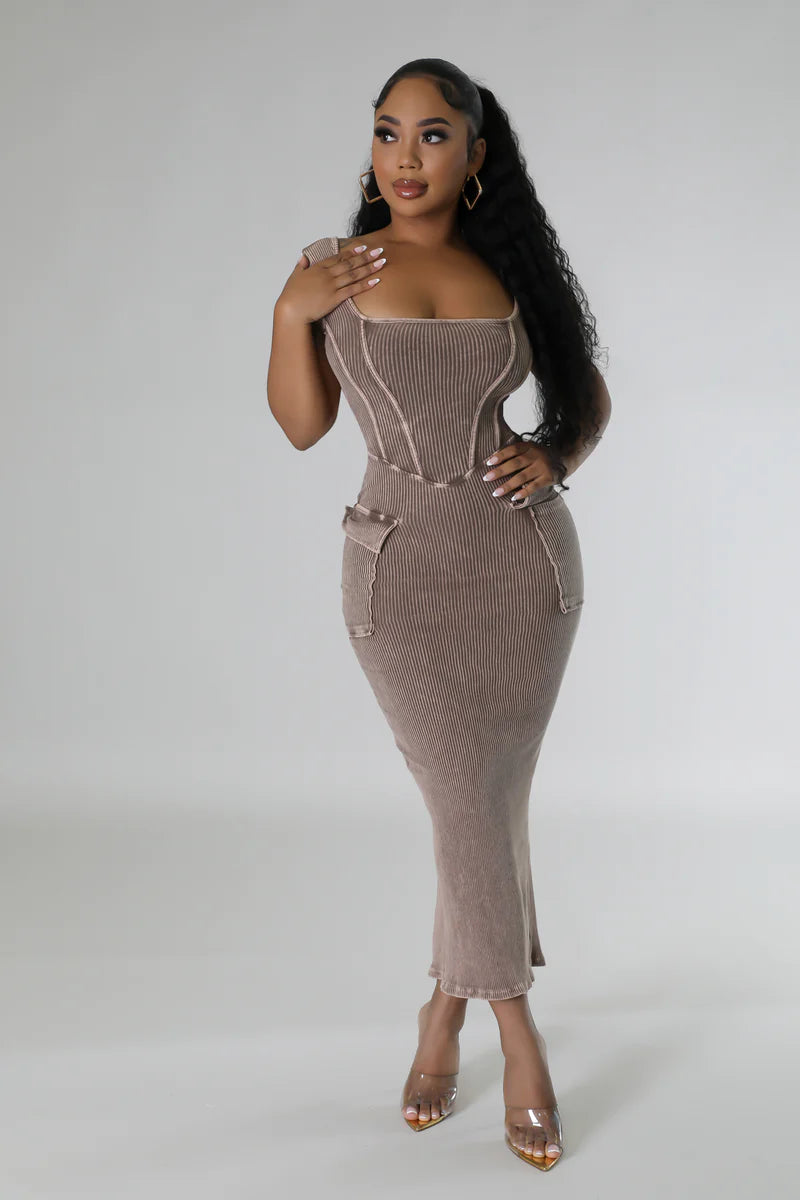 Kassie Ribbed Midi Dress Mocha - Ali’s Couture