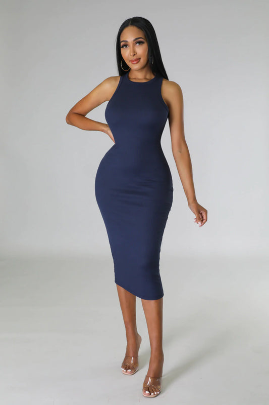 Simple Pleasures Ribbed Midi Dress Navy Blue - Ali’s Couture