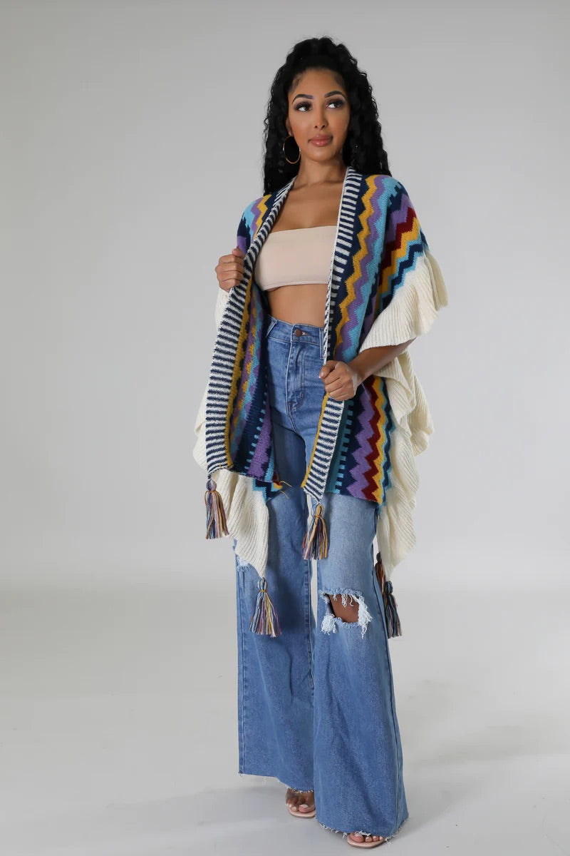 Varsha Knitted Poncho Multi Blue - Ali’s Couture