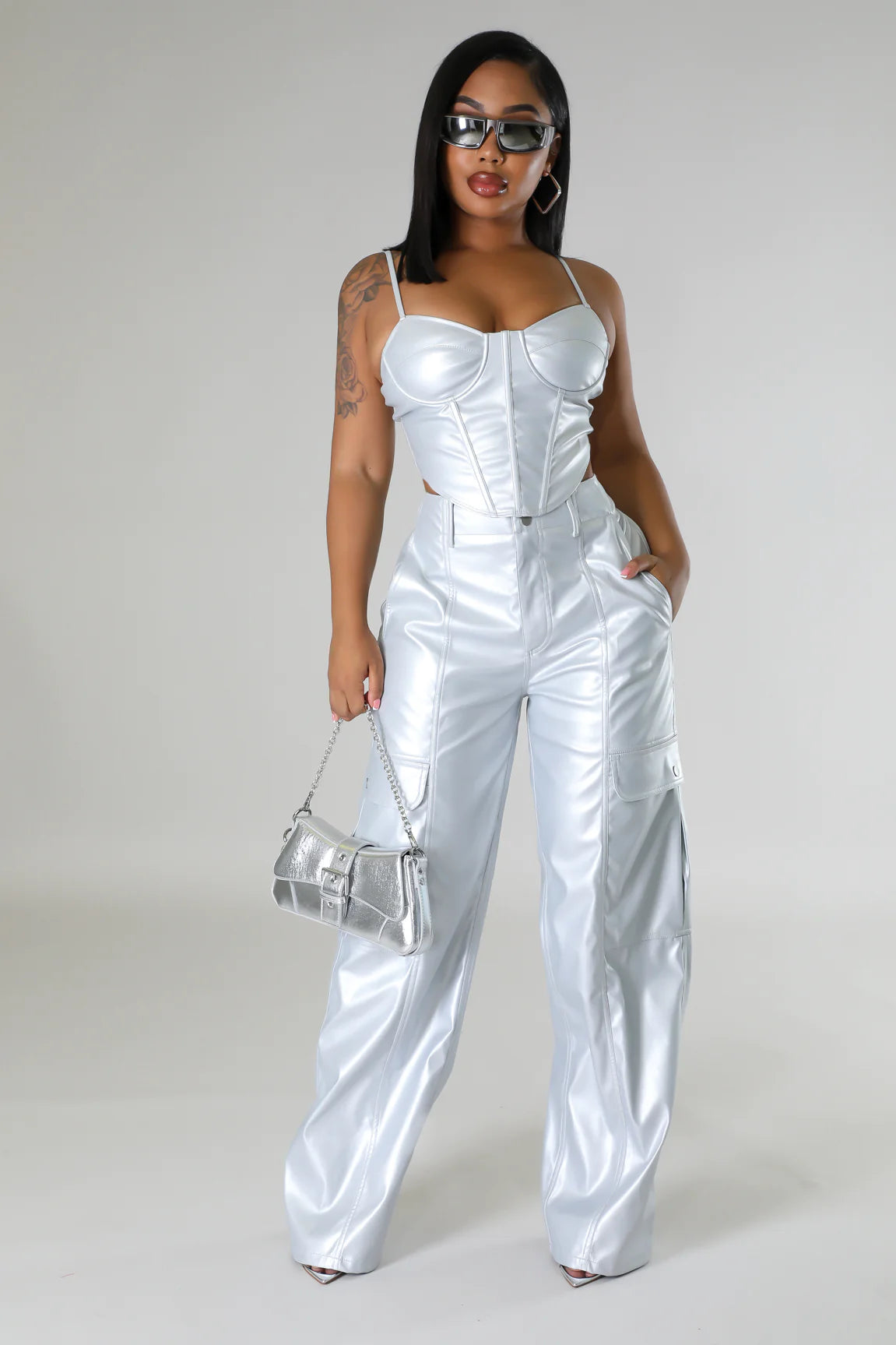 Diva Faux Leather Pant Set Silver - Ali’s Couture