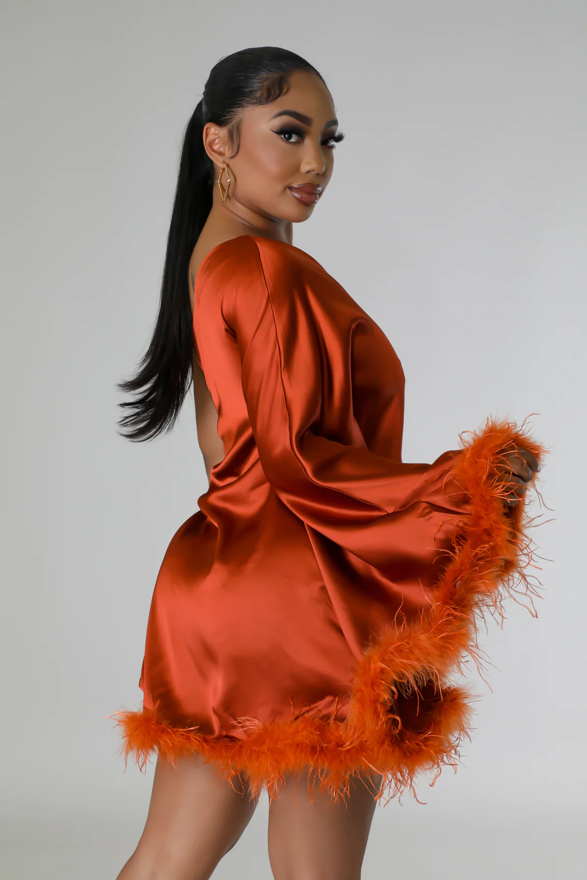 Alana Fur Trim Mini Dress Rust - Ali’s Couture