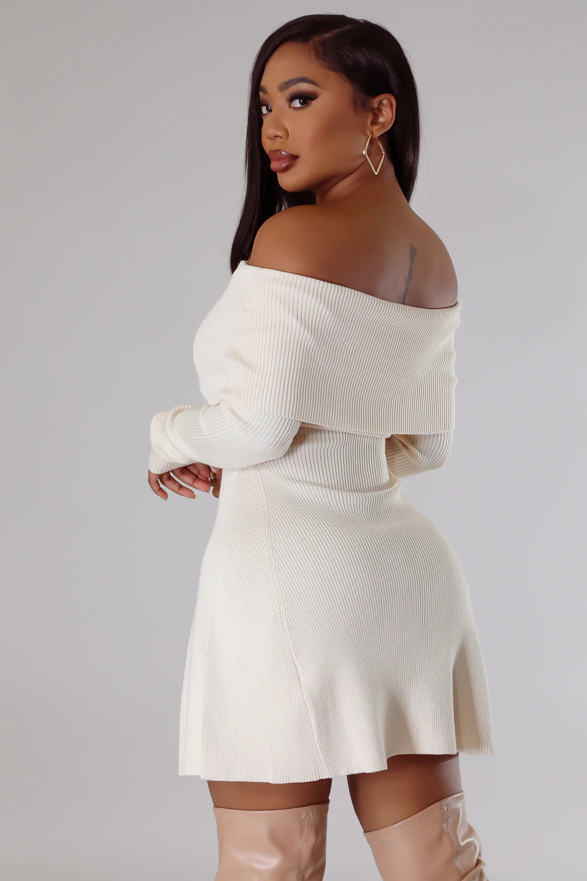 Shyanne Off The Shoulder Knit Mini Dress Cream - Ali’s Couture