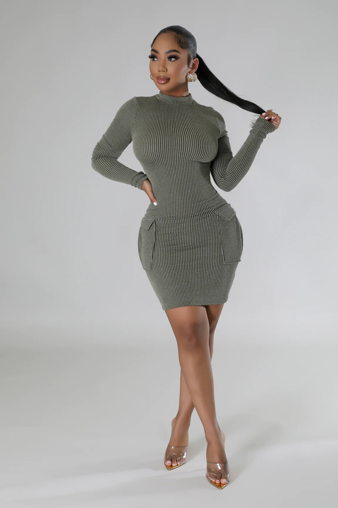Spiced Up Comfort Ribbed Mini Dress Olive - Ali’s Couture