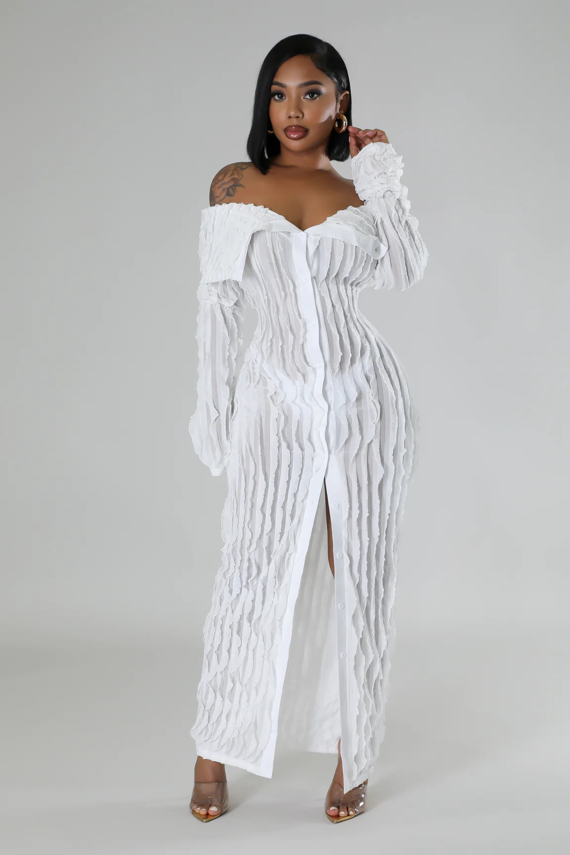 sheer frilly dress Careless Whisper Sheer Ruffled Chiffon Maxi Dress