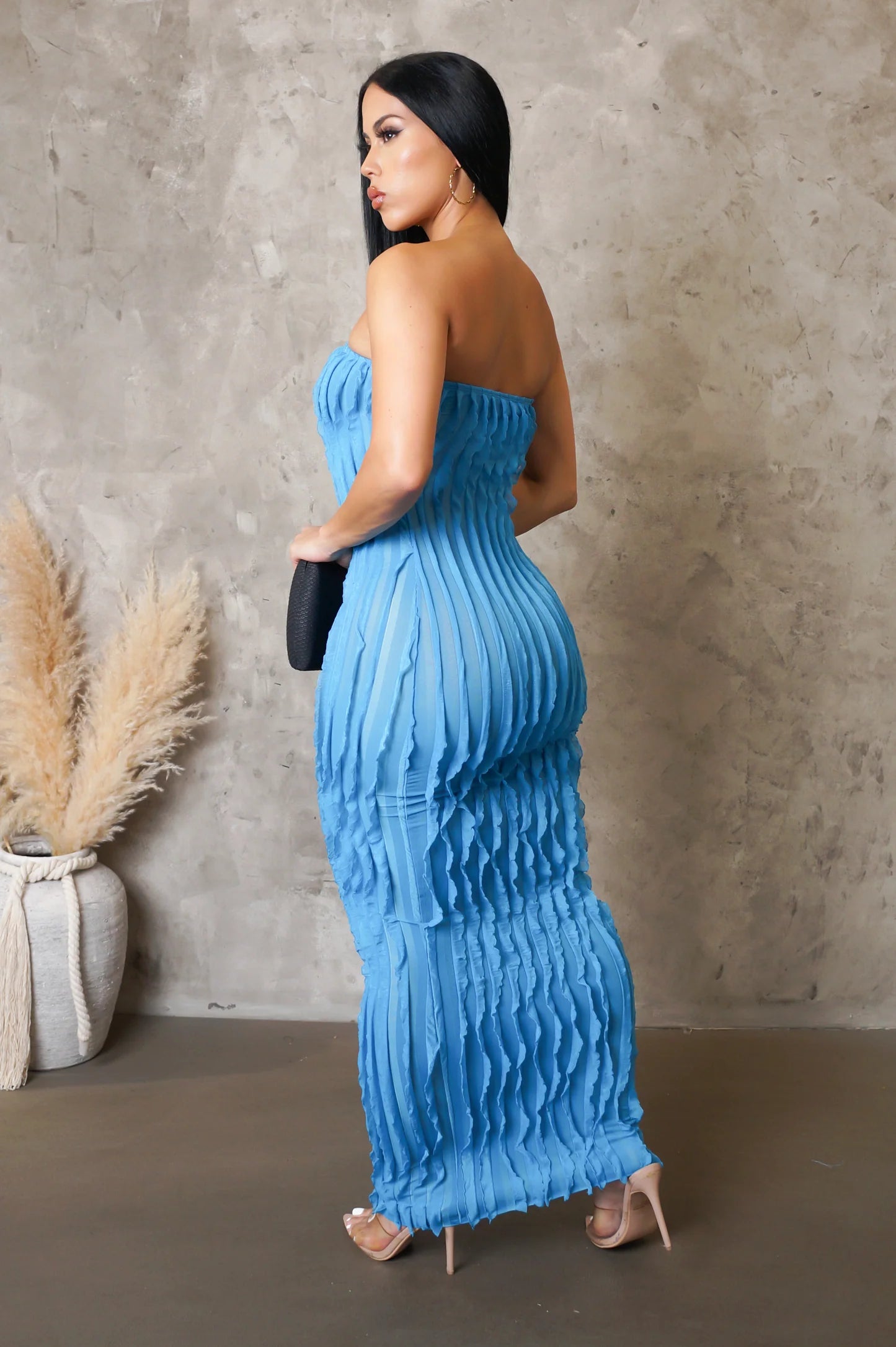 Ariella Strapless Ruffle Maxii Dress Blue - Ali’s Couture