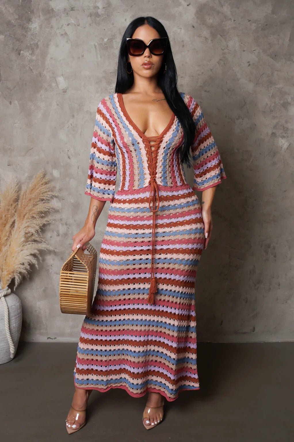 Karissa Crochet Knit Midi Dress Multi Pink - Ali’s Couture
