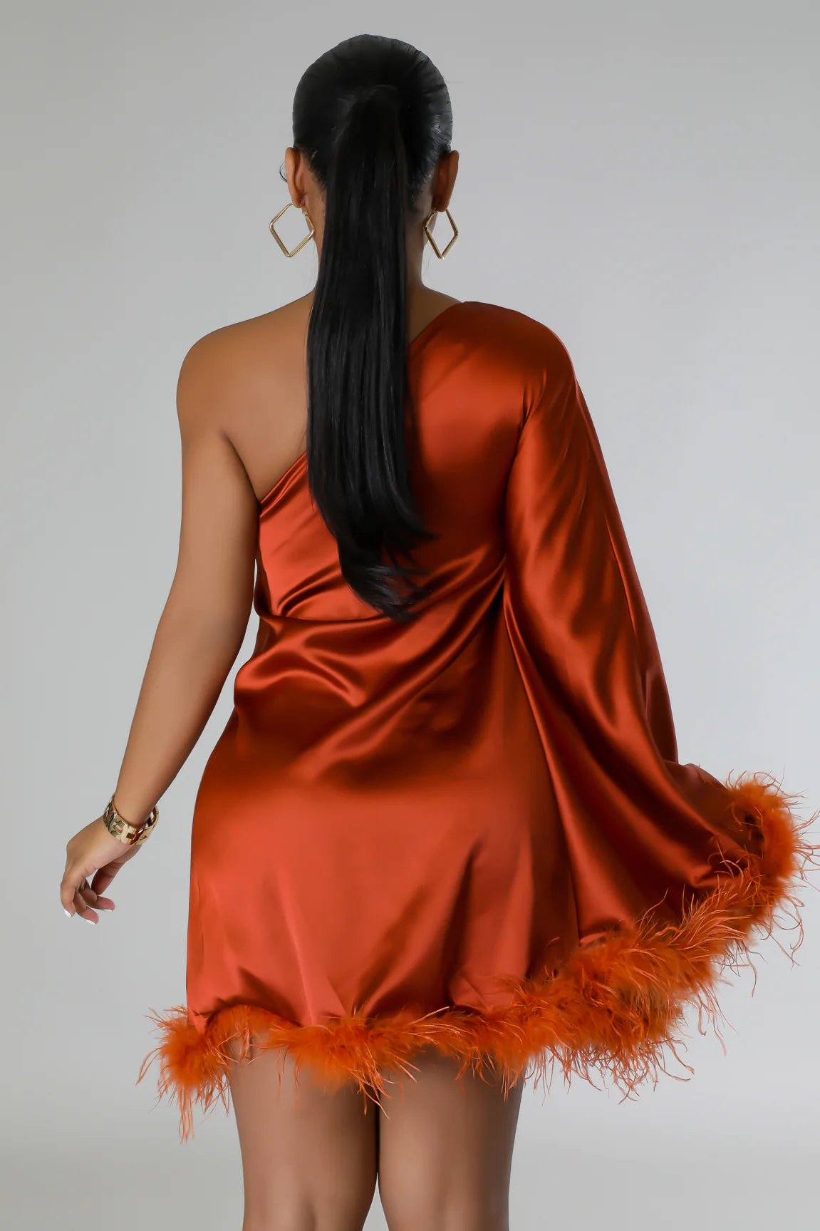 Alana Fur Trim Mini Dress Rust - Ali’s Couture