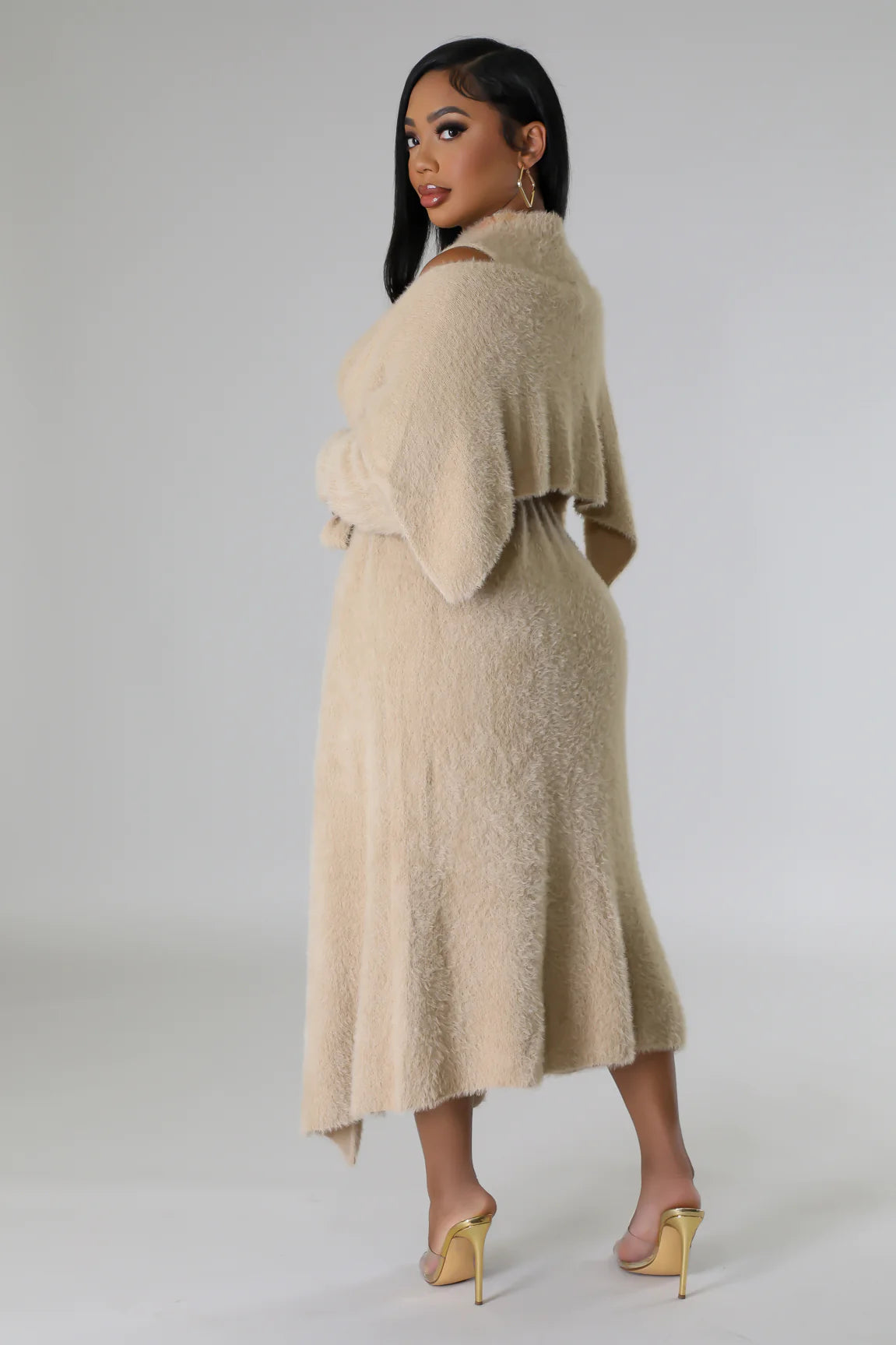 Fuzzy Moments Cardigan Midi Dress Set Taupe - Ali’s Couture