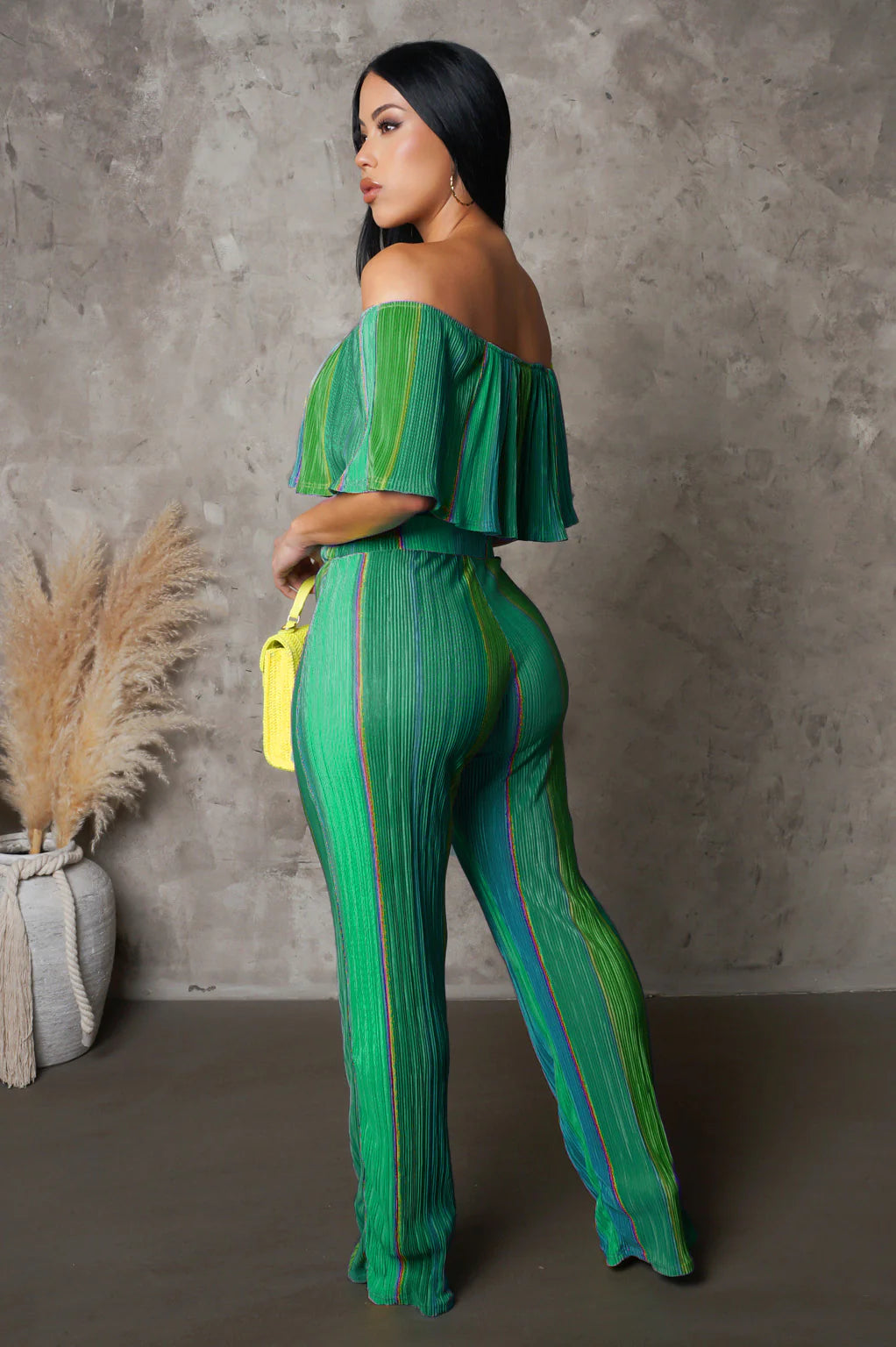 Quiana Off The Shoulder Plisse Pant Set Multi Green - Ali’s Couture
