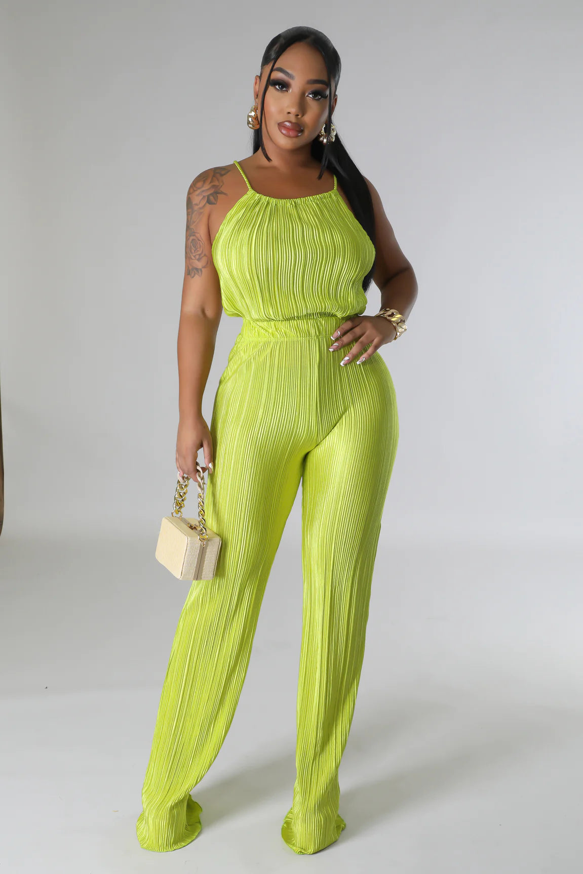 Salma Plisse Pant Set Chartreuse - Ali’s Couture