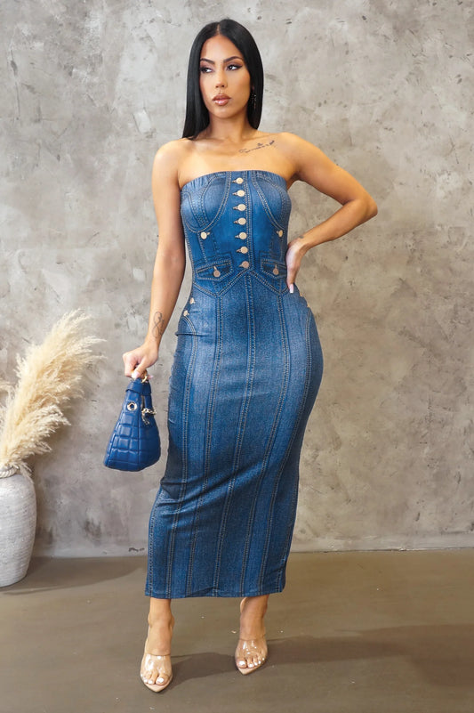 Noreen Strapless Denim Print Midi Dress Blue - Ali’s Couture