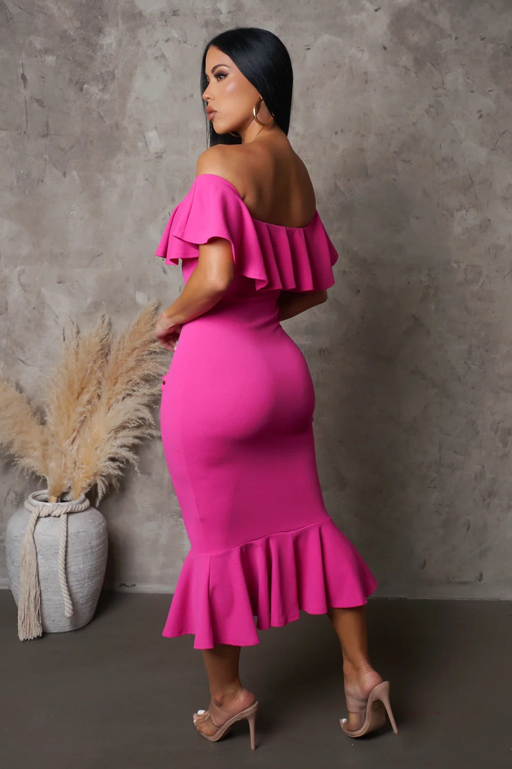 Classical Love Off The Shoulder Midi Dress Fuchsia - Ali’s Couture