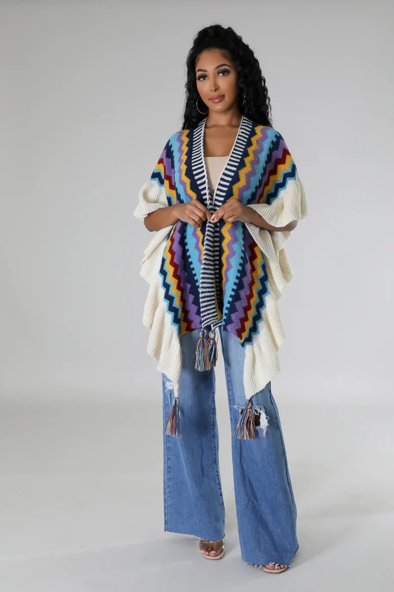 Varsha Knitted Poncho Multi Blue - Ali’s Couture